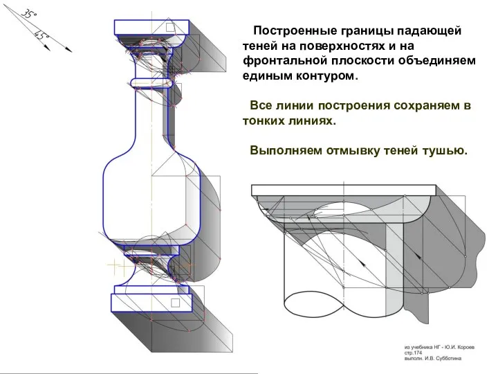 Построенные границы падающей теней на поверхностях и на фронтальной плоскости объединяем