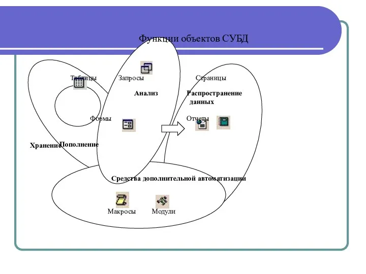 Функции объектов СУБД Таблицы Запросы Страницы Анализ Распространение данных Формы Отчеты