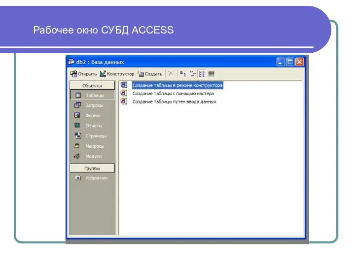 Рабочее окно СУБД ACCESS