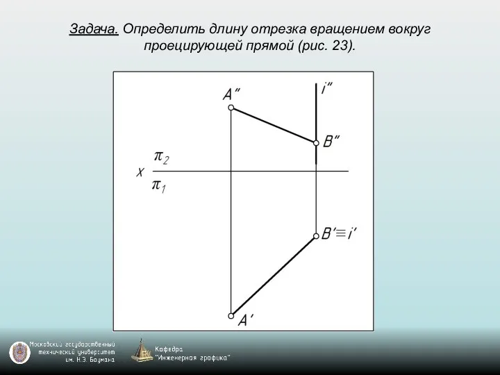 Задача. Определить длину отрезка вращением вокруг проецирующей прямой (рис. 23).