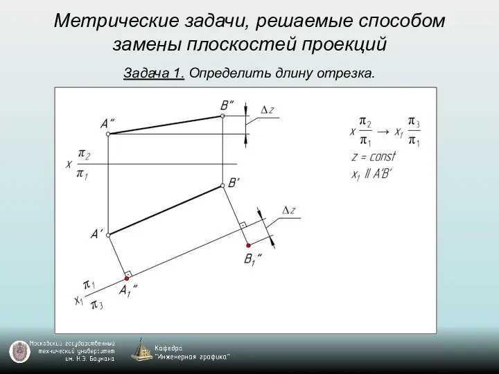 Метрические задачи, решаемые способом замены плоскостей проекций Задача 1. Определить длину отрезка.