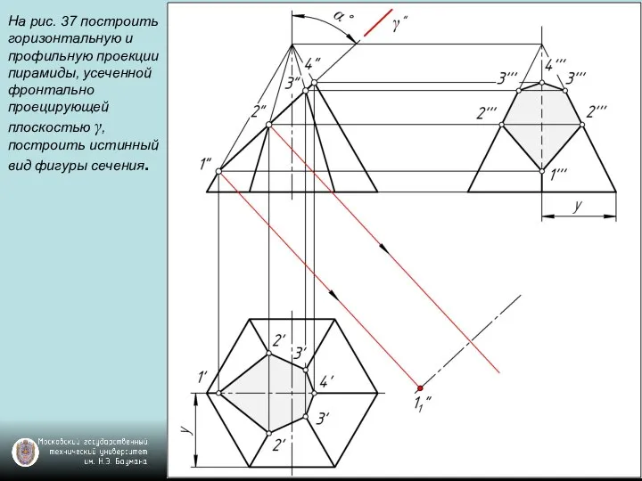 На рис. 37 построить горизонтальную и профильную проекции пирамиды, усеченной фронтально