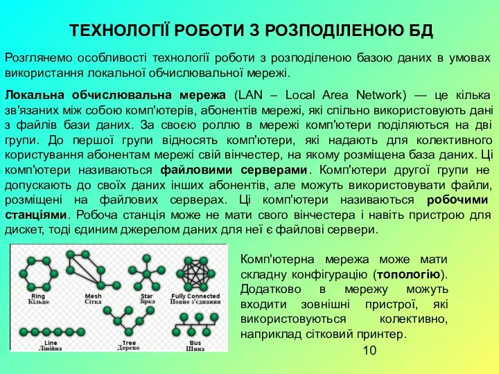 ТЕХНОЛОГІЇ РОБОТИ З РОЗПОДІЛЕНОЮ БД Локальна обчислювальна мережа (LAN – Local