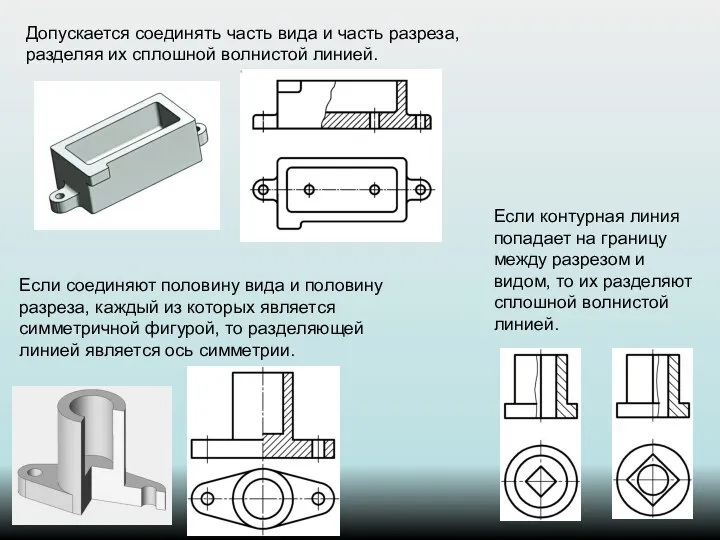 Допускается соединять часть вида и часть разреза, разделяя их сплошной волнистой