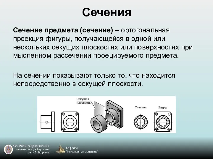 Сечения Сечение предмета (сечение) – ортогональная проекция фигуры, получающейся в одной