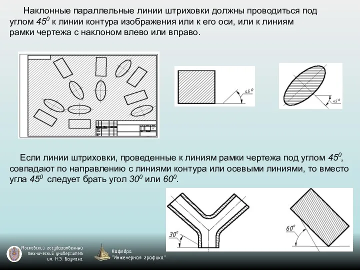 Наклонные параллельные линии штриховки должны проводиться под углом 450 к линии