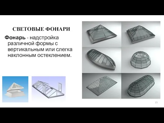 СВЕТОВЫЕ ФОНАРИ Фонарь - надстройка различной формы с вертикальным или слегка наклонным остеклением.