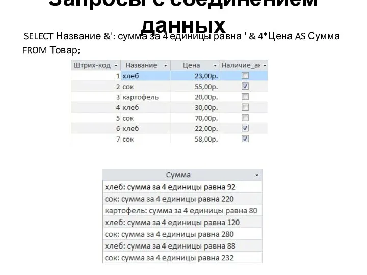 Запросы с соединением данных SELECT Название &': сумма за 4 единицы