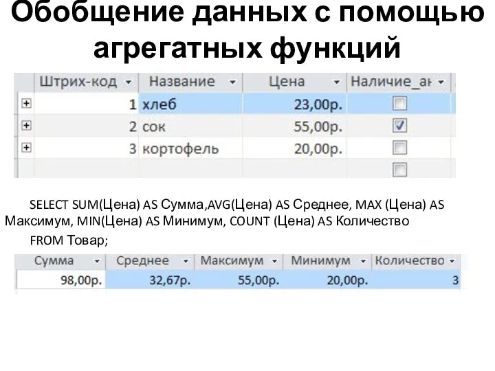 Обобщение данных с помощью агрегатных функций SELECT SUM(Цена) AS Сумма,AVG(Цена) AS