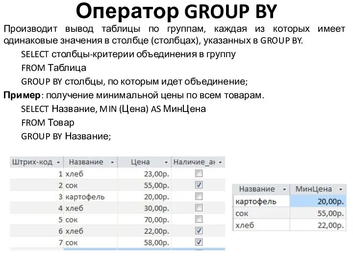 Оператор GROUP BY Производит вывод таблицы по группам, каждая из которых