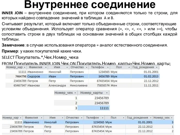 Внутреннее соединение INNER JOIN – внутреннее соединение, при котором соединяются только