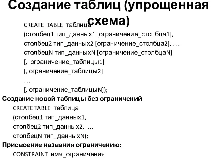 Создание таблиц (упрощенная схема) CREATE TABLE таблица (столбец1 тип_данных1 [ограничение_столбца1], столбец2