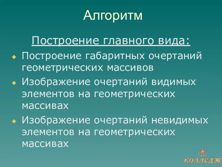 Алгоритм Построение главного вида: Построение габаритных очертаний геометрических массивов Изображение очертаний