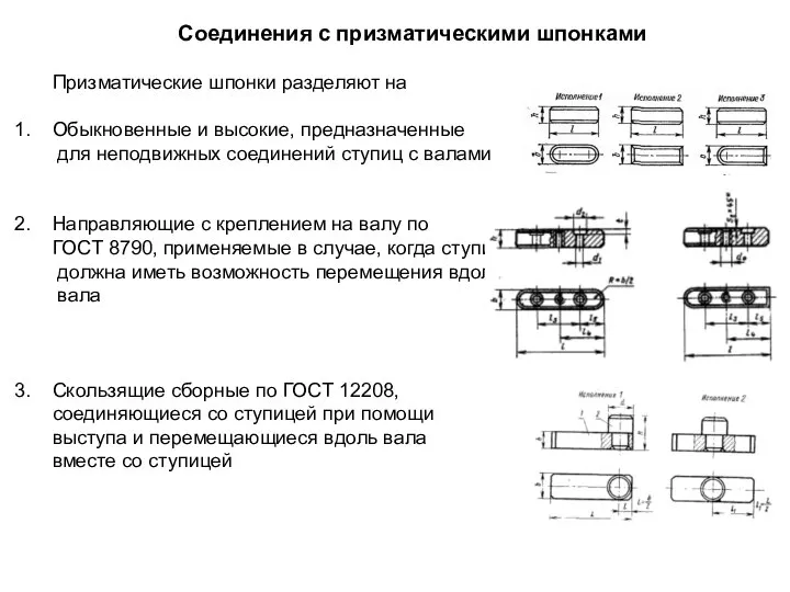 Соединения с призматическими шпонками Призматические шпонки разделяют на Обыкновенные и высокие,