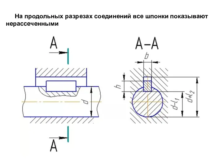 На продольных разрезах соединений все шпонки показывают нерассеченными