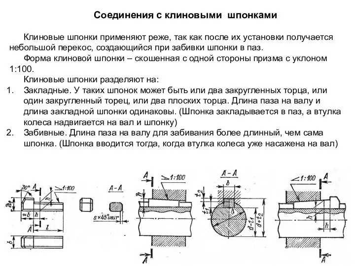 Соединения с клиновыми шпонками Клиновые шпонки применяют реже, так как после