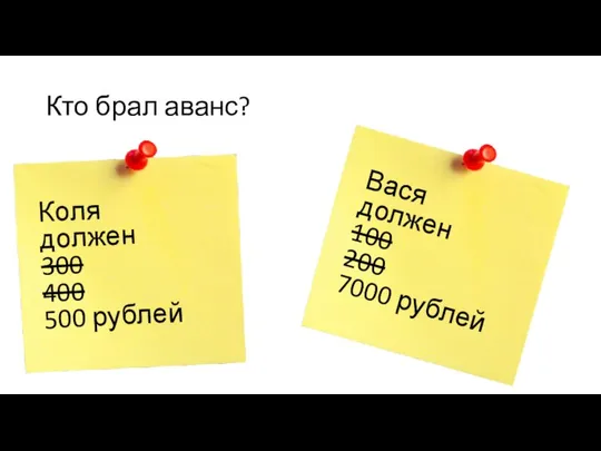 Кто брал аванс? Коля должен 300 400 500 рублей Вася должен 100 200 7000 рублей