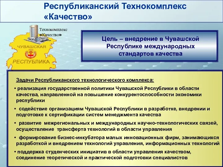 Республиканский Технокомплекс «Качество» Цель – внедрение в Чувашской Республике международных стандартов
