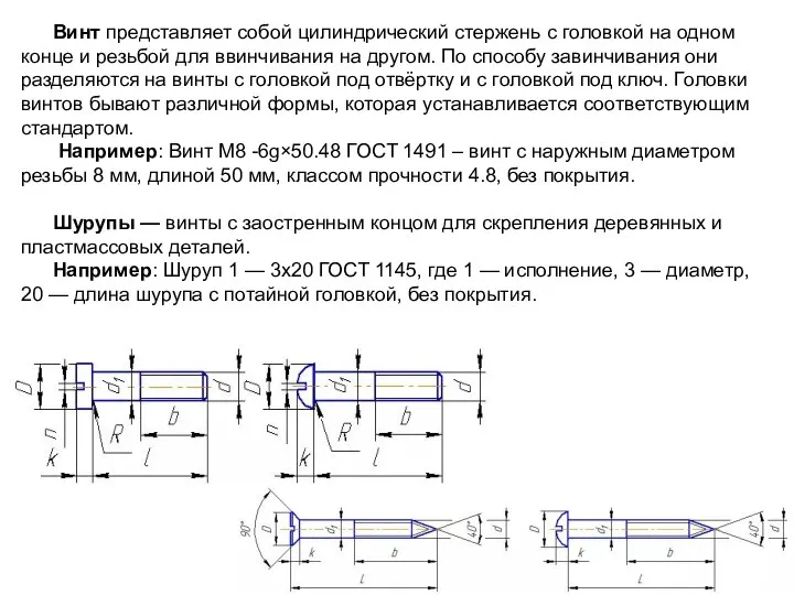 Винт представляет собой цилиндрический стержень с головкой на одном конце и