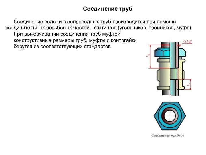 Соединение тpуб Соединение водо- и газопроводных труб производится при помощи соединительных