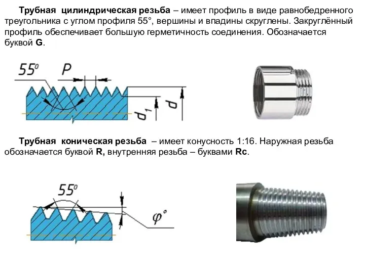 Трубная цилиндрическая резьба – имеет профиль в виде равнобедренного треугольника с