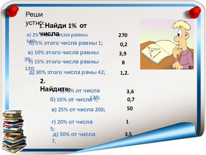 Реши устно:. а) 2% этого числа равны 540; б) 5% этого