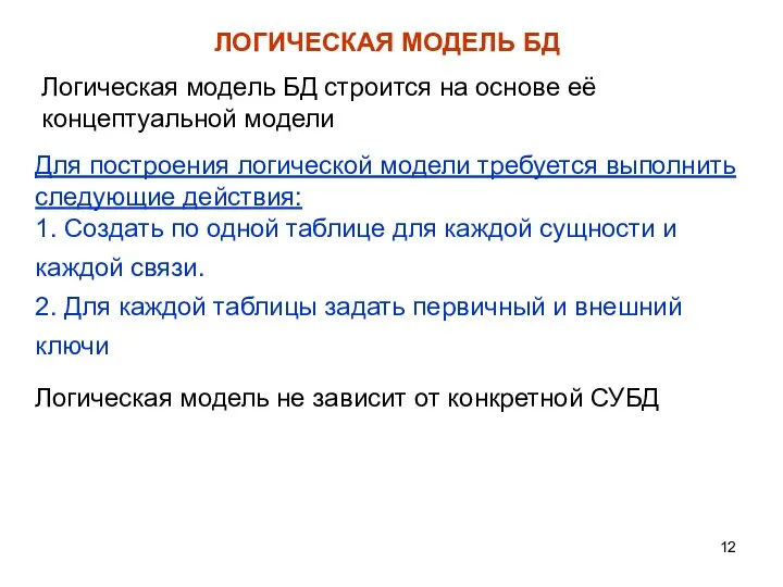 ЛОГИЧЕСКАЯ МОДЕЛЬ БД Логическая модель БД строится на основе её концептуальной