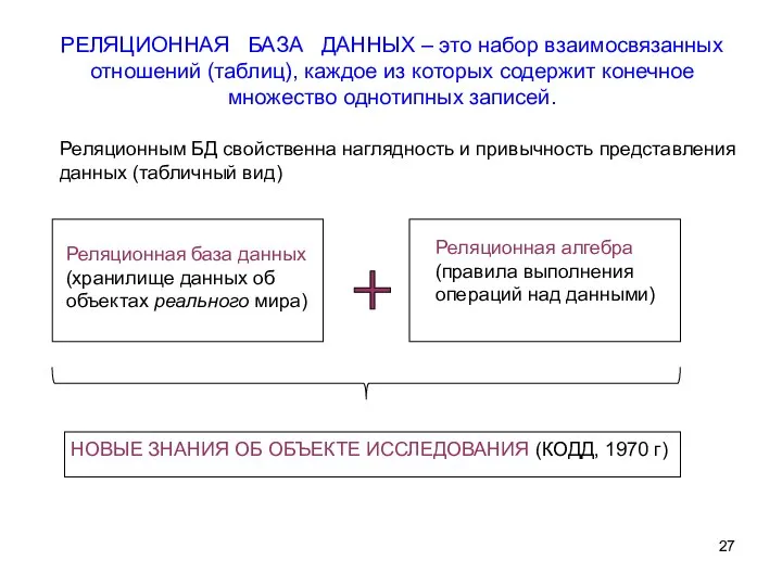 РЕЛЯЦИОННАЯ БАЗА ДАННЫХ – это набор взаимосвязанных отношений (таблиц), каждое из