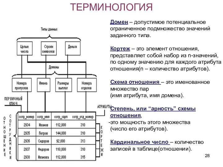 ТЕРМИНОЛОГИЯ Домен – допустимое потенциальное ограниченное подмножество значений заданного типа. Кортеж