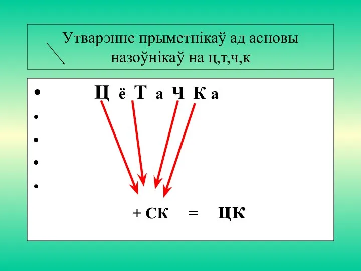 Утварэнне прыметнікаў ад асновы назоўнікаў на ц,т,ч,к Ц ё Т а