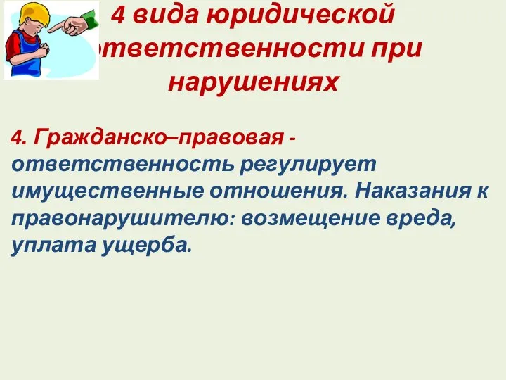 4 вида юридической ответственности при нарушениях 4. Гражданско–правовая - ответственность регулирует