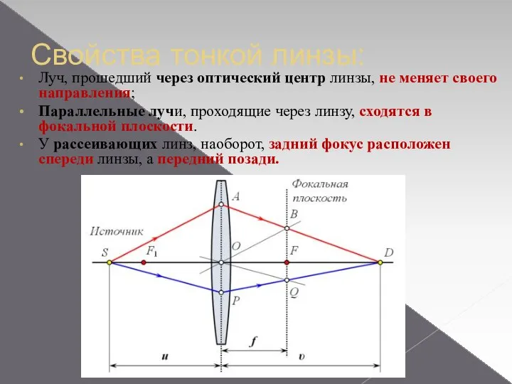 Свойства тонкой линзы: Луч, прошедший через оптический центр линзы, не меняет