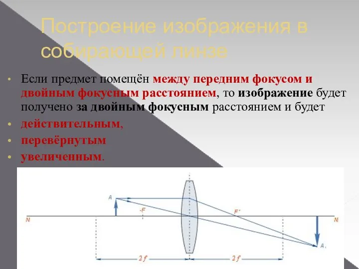 Построение изображения в собирающей линзе Если предмет помещён между передним фокусом