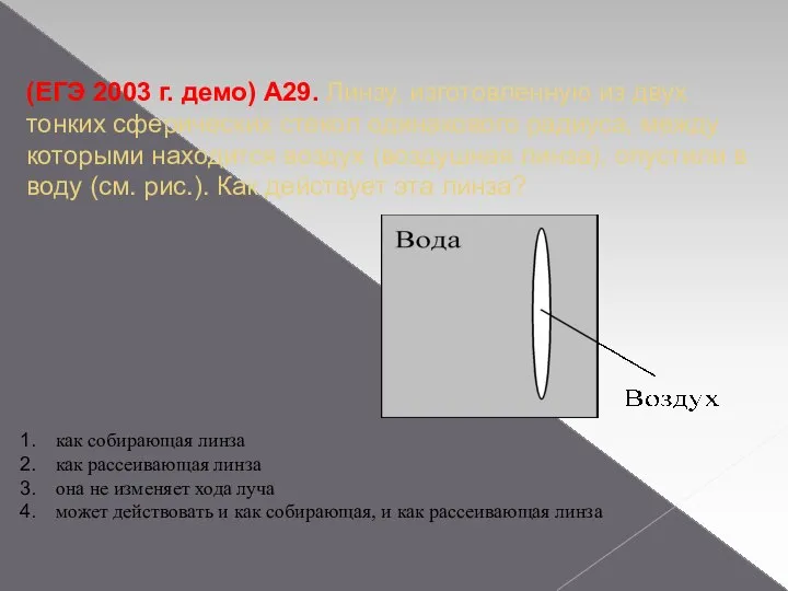 (ЕГЭ 2003 г. демо) А29. Линзу, изготовленную из двух тонких сферических