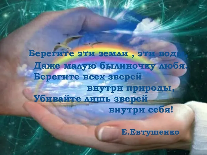 Берегите эти земли , эти воды, Даже малую былиночку любя. Берегите