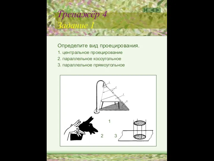 Тренажёр 4 Задание 1 Определите вид проецирования. 1. центральное проецирование 2.