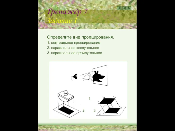 Тренажёр 7 Задание 1 Определите вид проецирования. 1. центральное проецирование 2.