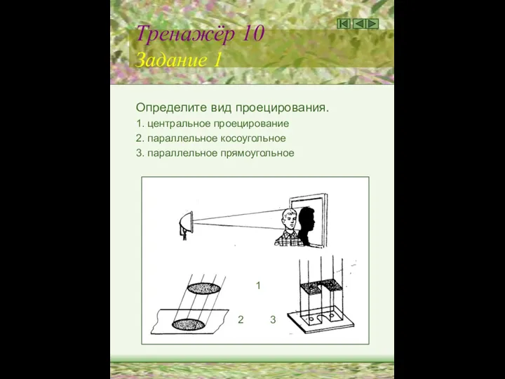 Тренажёр 10 Задание 1 Определите вид проецирования. 1. центральное проецирование 2.