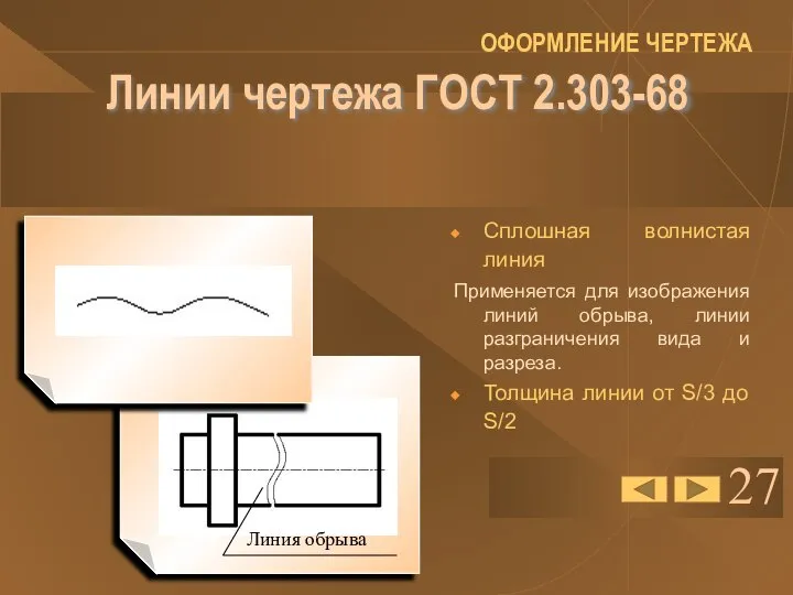 27 Линии чертежа ГОСТ 2.303-68 Сплошная волнистая линия Применяется для изображения