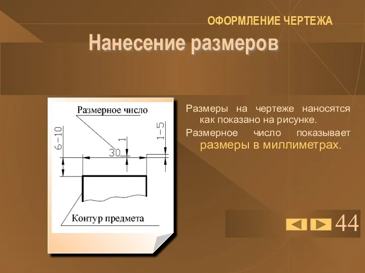 44 Нанесение размеров Размеры на чертеже наносятся как показано на рисунке.