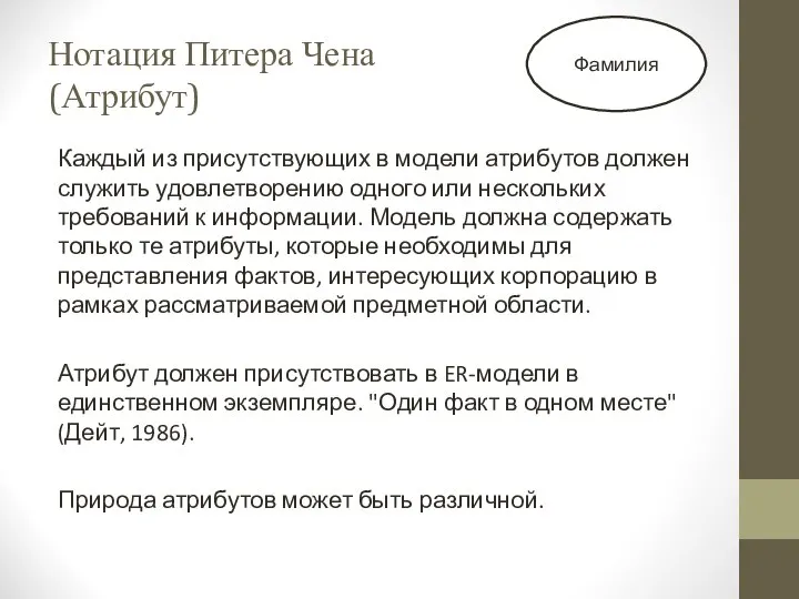 Нотация Питера Чена (Атрибут) Каждый из присутствующих в модели атрибутов должен