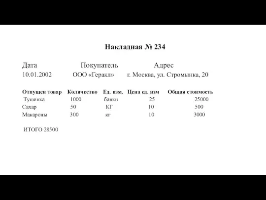 Накладная № 234 Дата Покупатель Адрес 10.01.2002 ООО «Геракл» г. Москва,