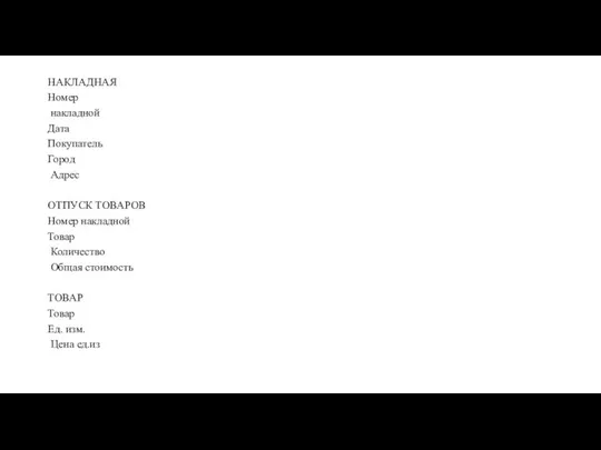 НАКЛАДНАЯ Номер накладной Дата Покупатель Город Адрес ОТПУСК ТОВАРОВ Номер накладной