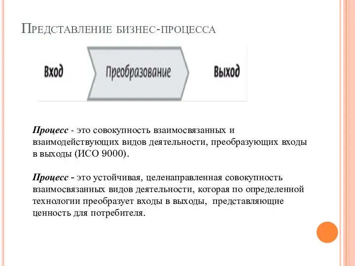 Представление бизнес-процесса Процесс - это совокупность взаимосвязанных и взаимодействующих видов деятельности,