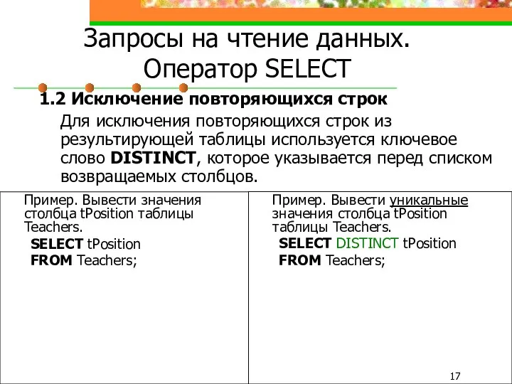 Запросы на чтение данных. Оператор SELECT 1.2 Исключение повторяющихся строк Для
