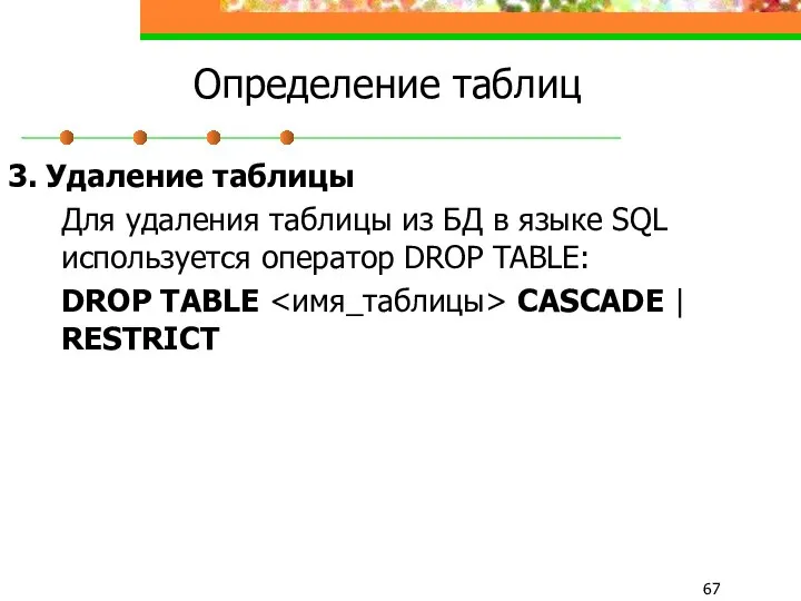 Определение таблиц 3. Удаление таблицы Для удаления таблицы из БД в