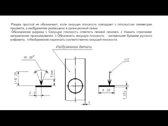 Разрез простой не обозначают, если секущая плоскость совпадает с плоскостью симметрии