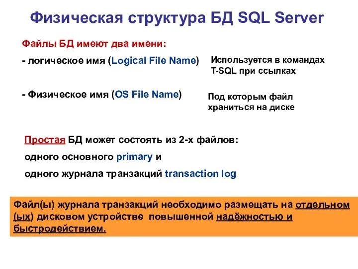 Физическая структура БД SQL Server Простая БД может состоять из 2-х