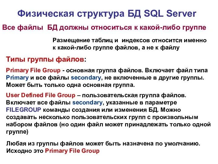 Типы группы файлов: Primary File Group - основная группа файлов. Включает