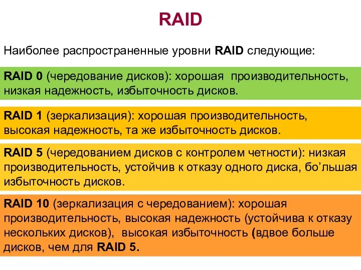 RAID Наиболее распространенные уровни RAID следующие: RAID 0 (чередование дисков): хорошая